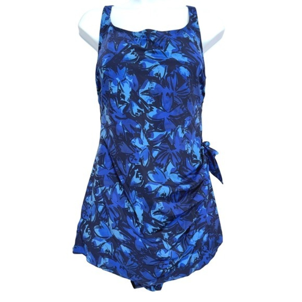 LL Bean One Piece Swim Dress Swimsuit Womens 18W Blue Floral UPF 40+ Protection